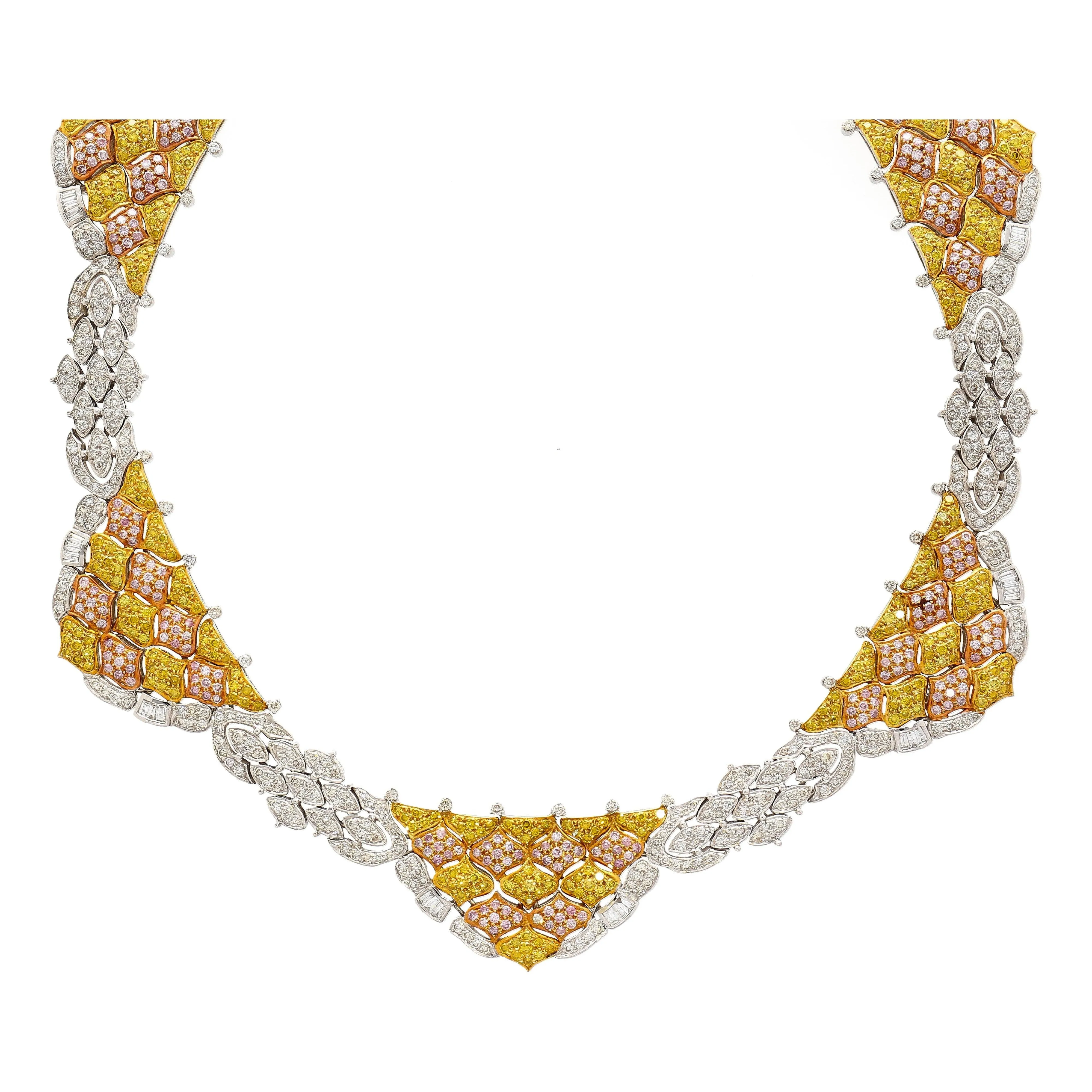 Natural 35 Carat Pink, White, & Yellow Diamond 18K Three Tone Necklace Choker