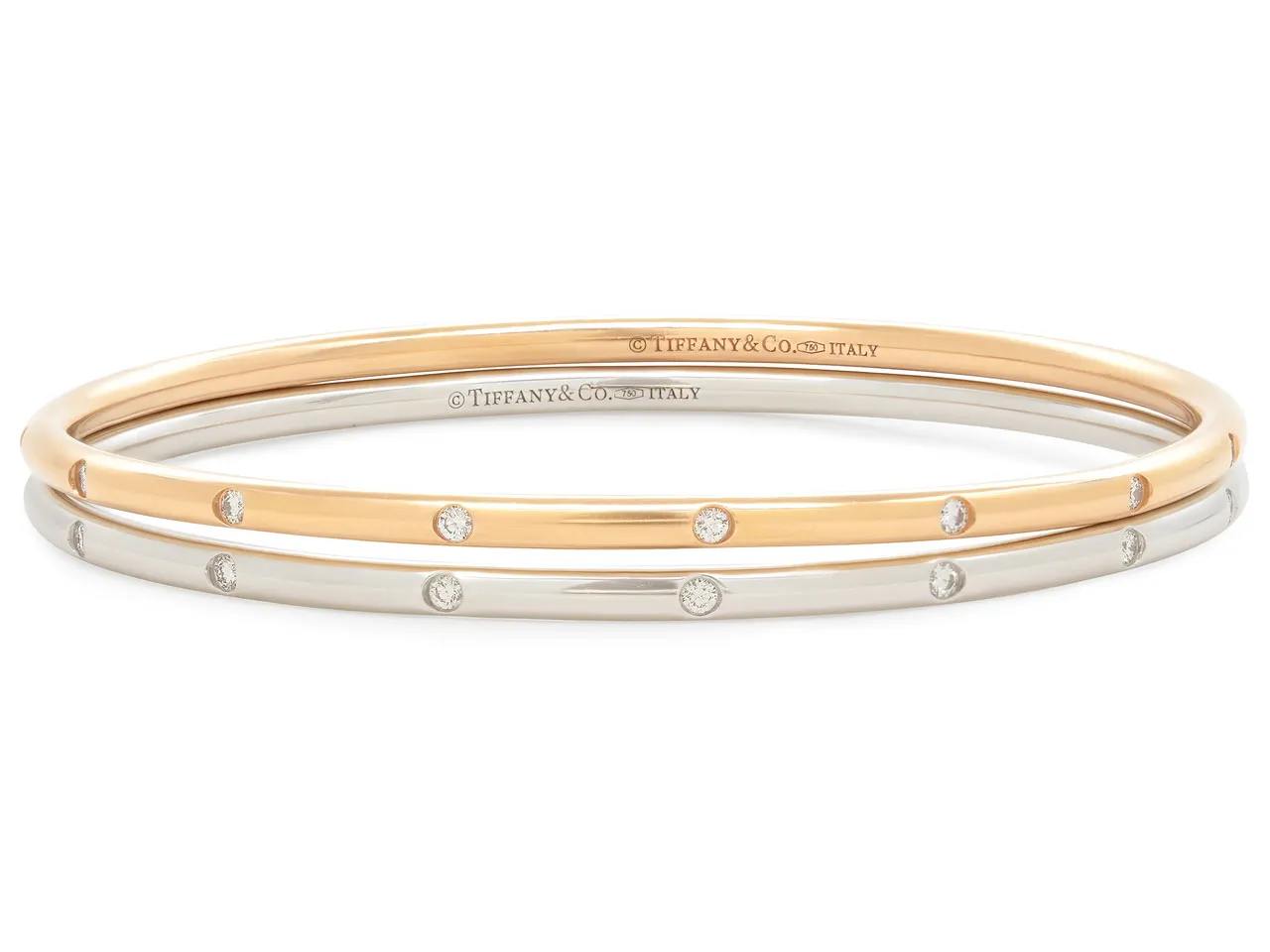 Pair of Tiffany & Co. 'Bezet' Diamond Bracelets in 18K Rose and White Gold