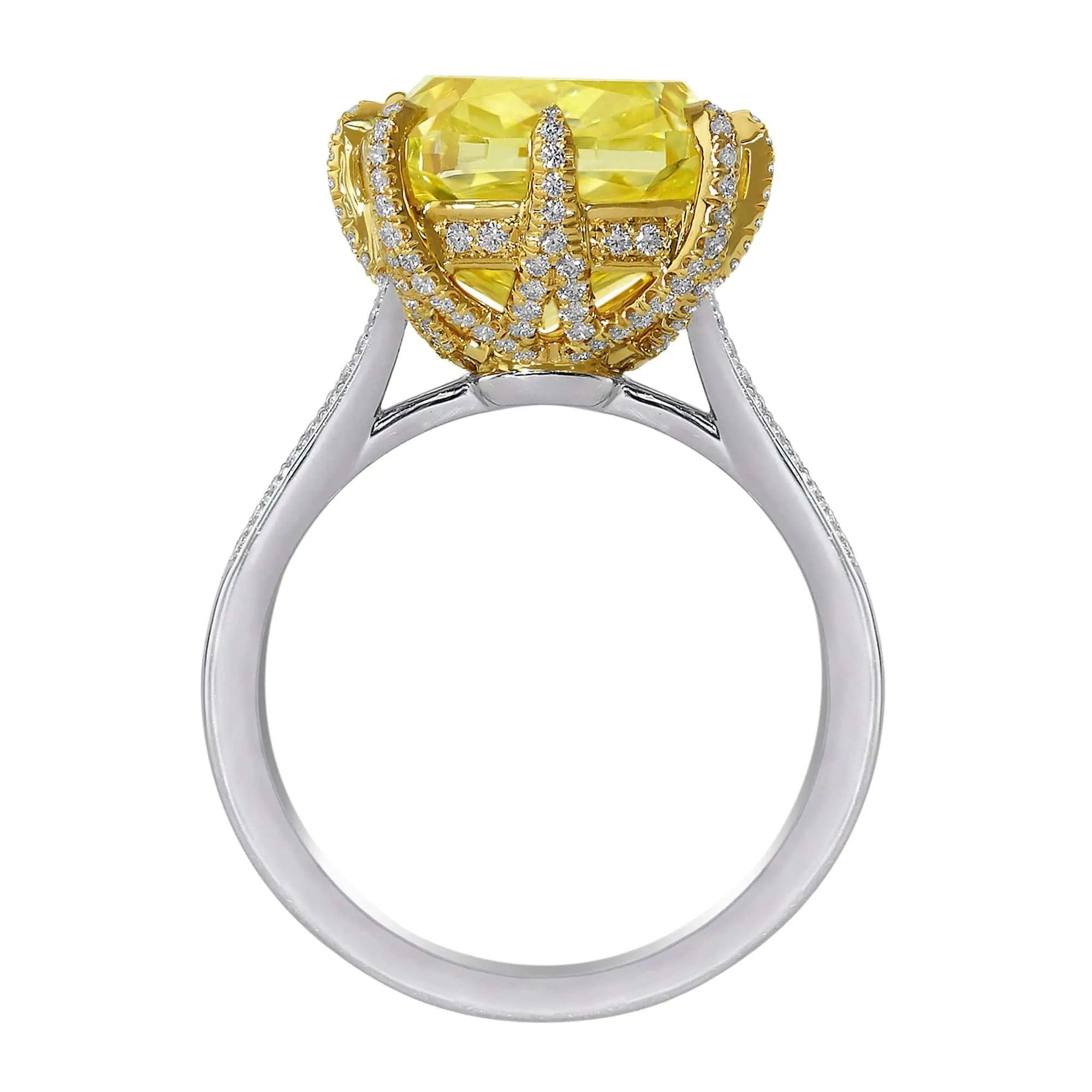 Platinum 10.01 Fancy Intense Yellow Cushion Diamond Ring