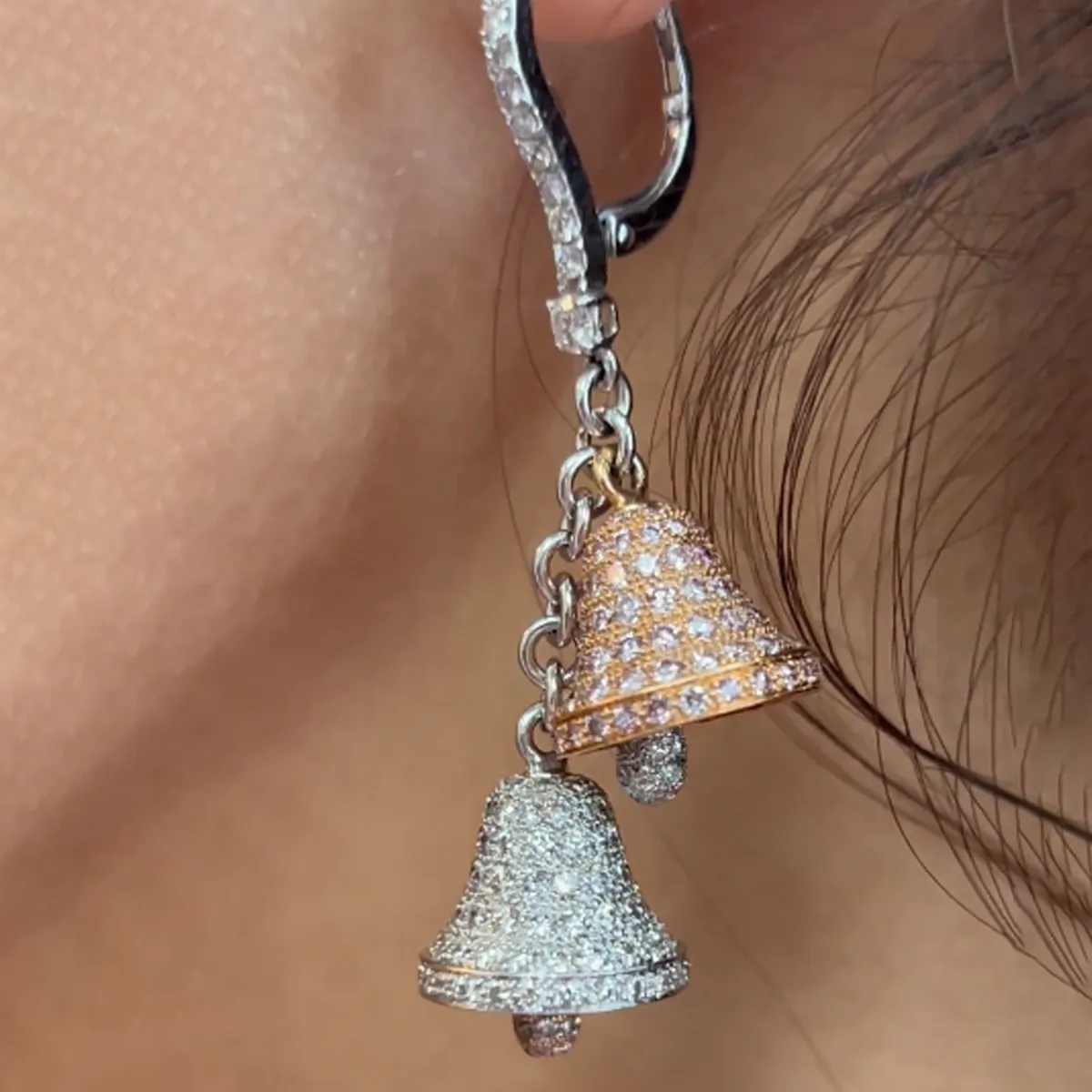 Post-1980s 18KT White Gold Pink & White Diamond Bell Earrings