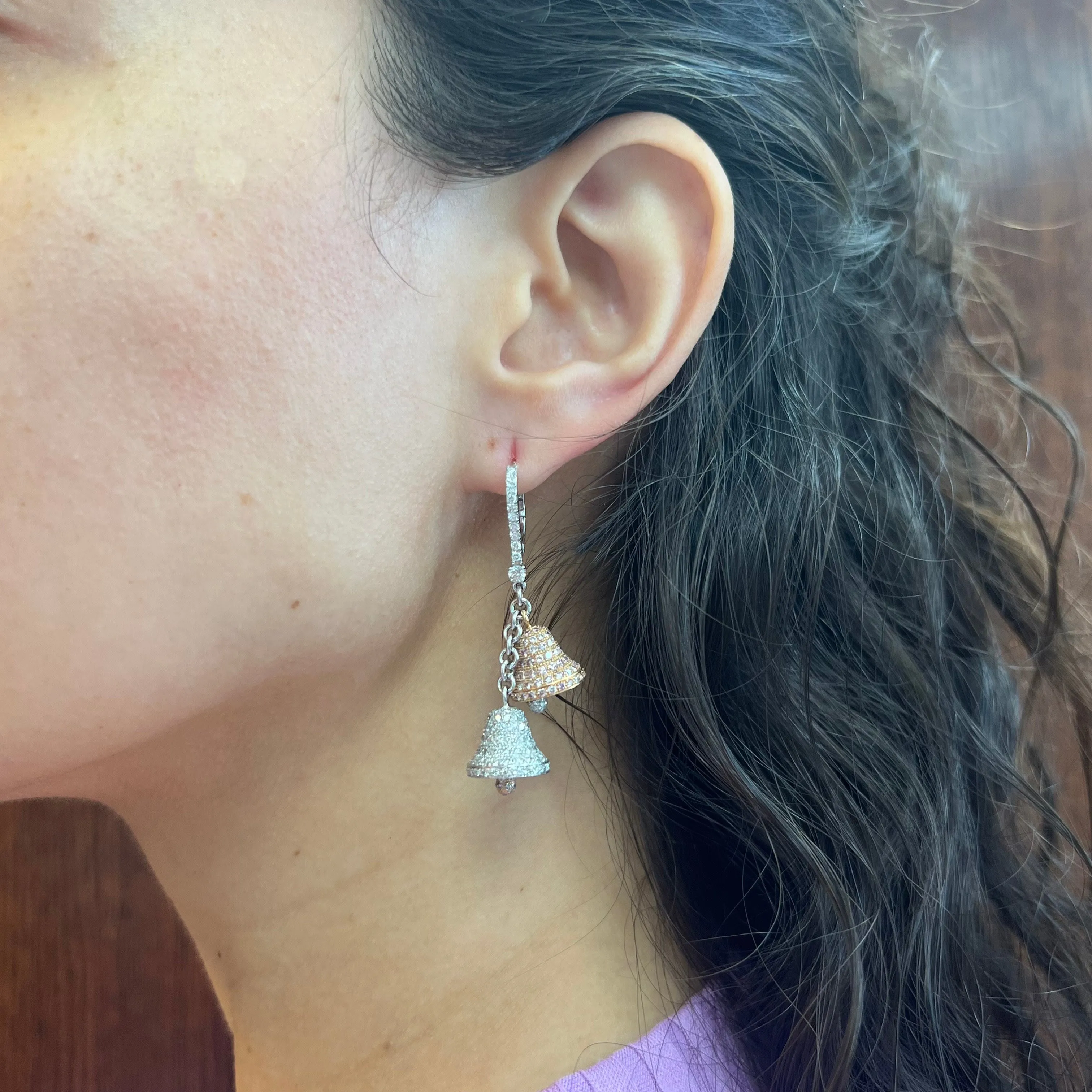 Post-1980s 18KT White Gold Pink & White Diamond Bell Earrings
