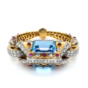 Retro 18KT Yellow Gold Aquamarine & Diamond Bracelet