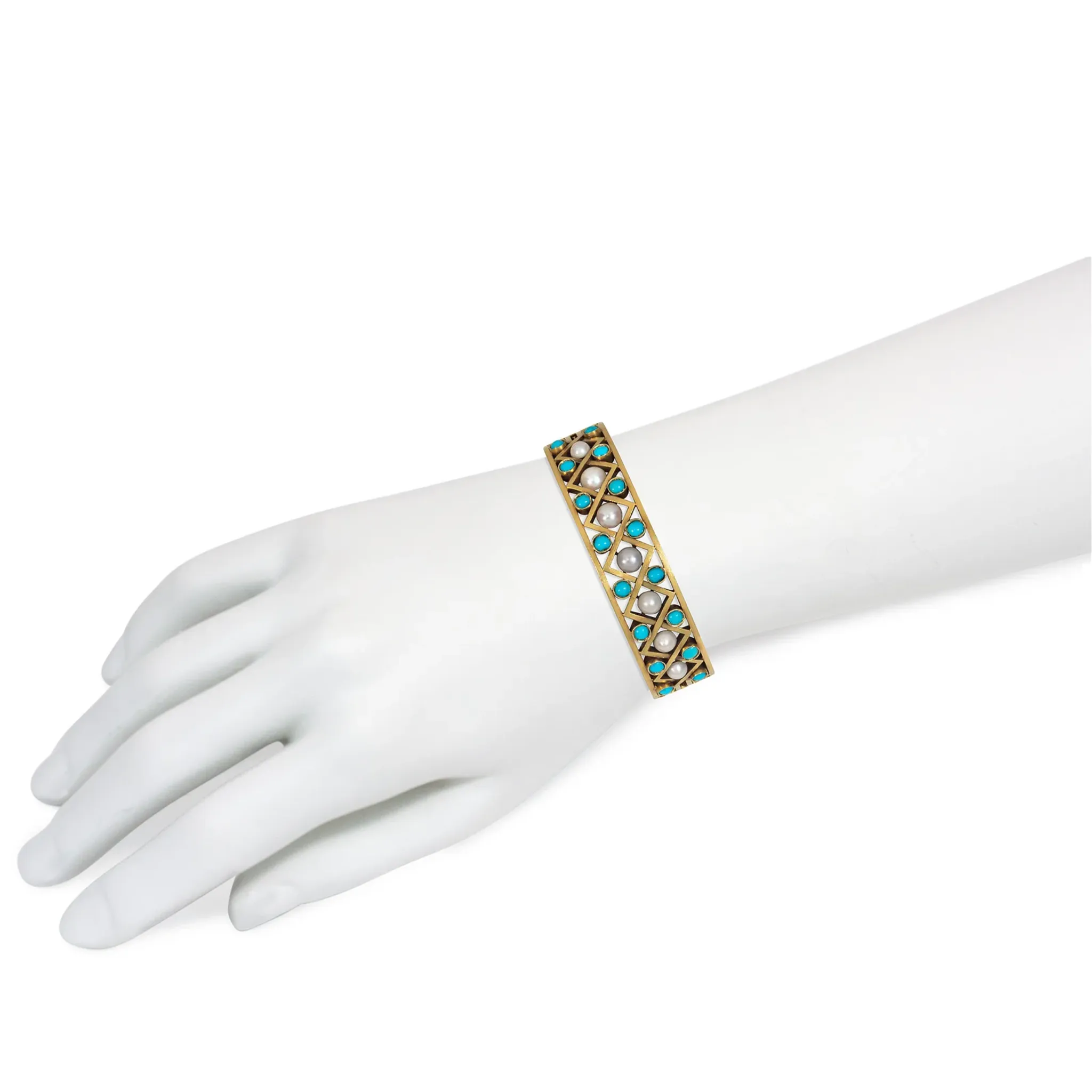 Russian Antique 14KT Yellow Gold Turquoise & Natural Pearl Bangle Bracelet