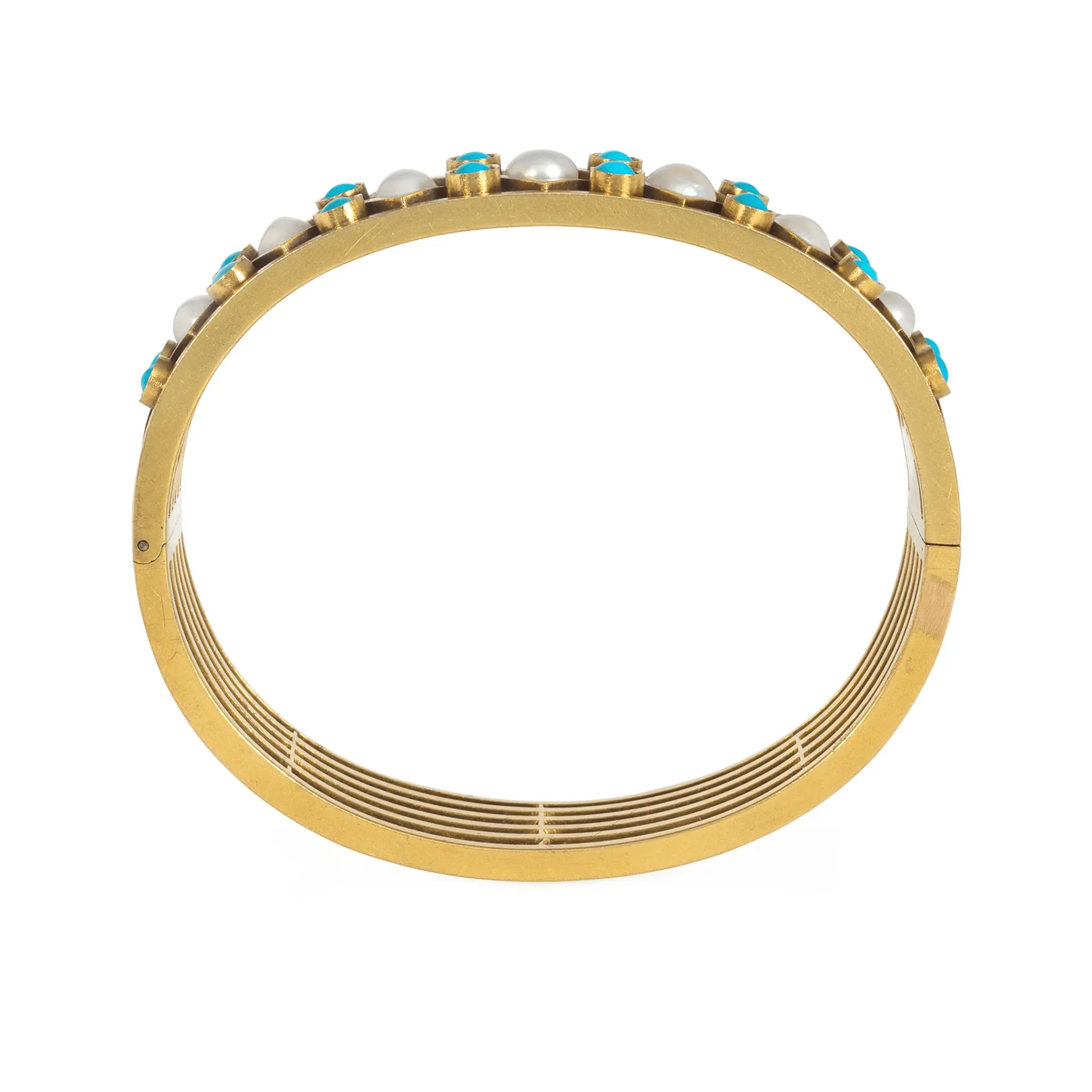 Russian Antique 14KT Yellow Gold Turquoise & Natural Pearl Bangle Bracelet