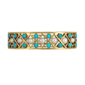 Russian Antique 14KT Yellow Gold Turquoise & Natural Pearl Bangle Bracelet