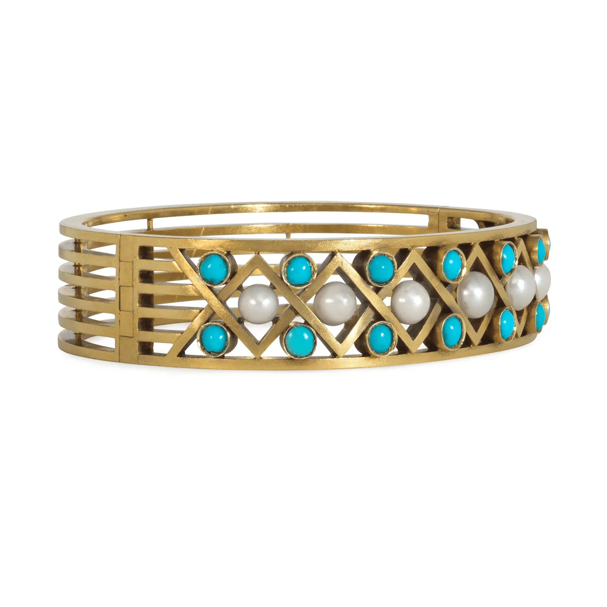 Russian Antique 14KT Yellow Gold Turquoise & Natural Pearl Bangle Bracelet