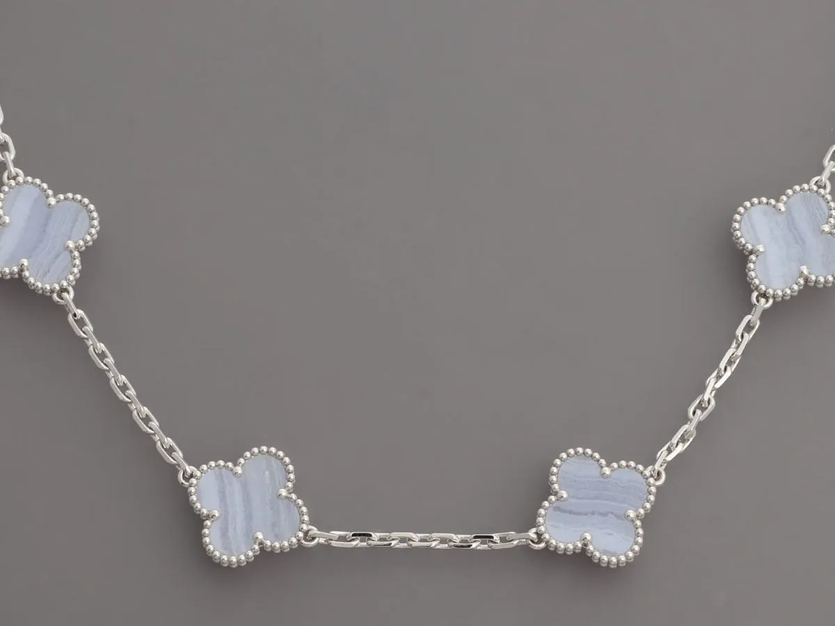 Van Cleef & Arpels 18K White Gold 10-Motif Chalcedony Vintage Alhambra Necklace