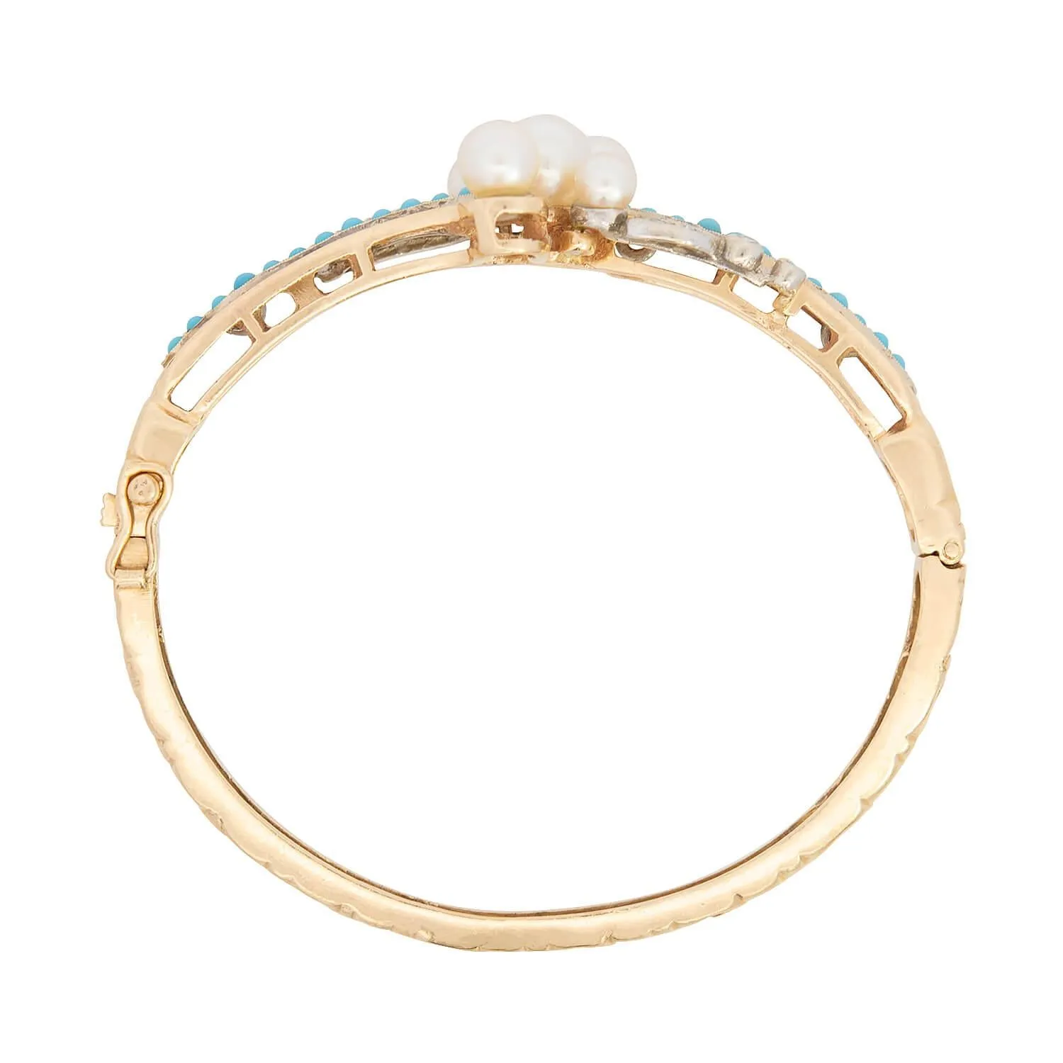 Victorian 14k Pearl, Turquoise, and Diamond Bangle