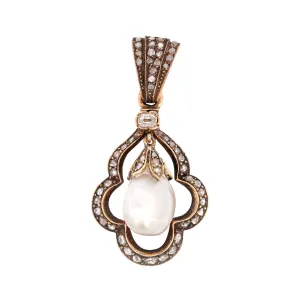 Victorian 14k   Sterling Natural Pearl   Rose Cut Diamond Pendant